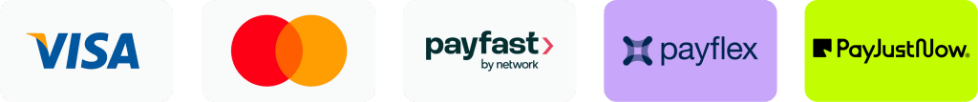 Visa, Mastercard, Payfast, Payflex, PayJustNow